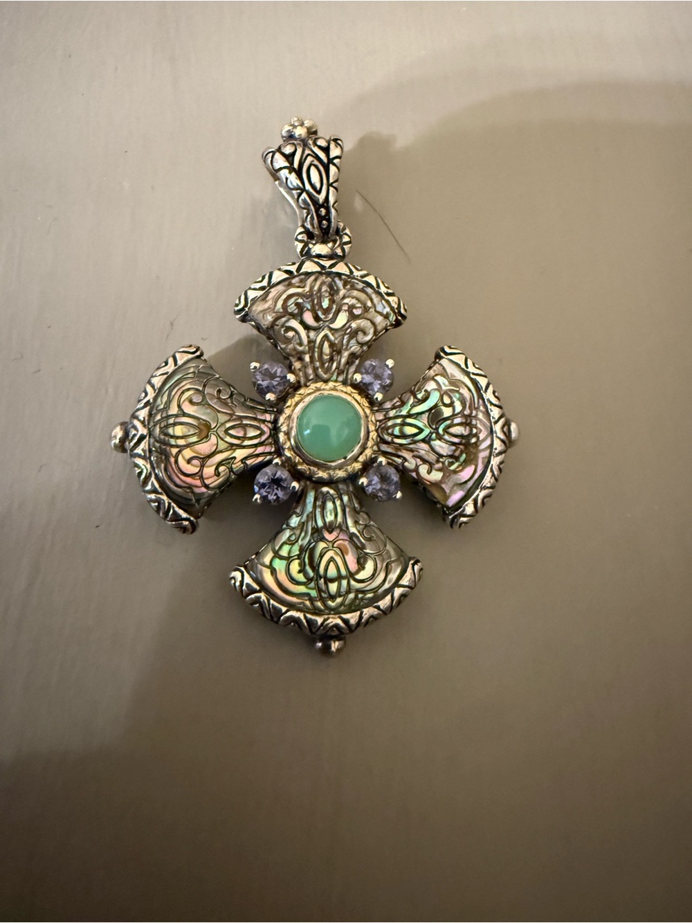 Barbara Bixby Sterling & 18K Carved Abalone & Gem Cross Pendant Enhancer EUC HTF